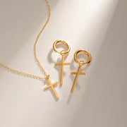 Waterproof 18K PVD Gold Minimalist Stainless Steel Necklace Cross Pendant Earring Set Low Key Luxury