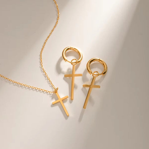 Waterproof 18K PVD Gold Minimalist Stainless Steel Necklace Cross Pendant Earring Set Low Key Luxury