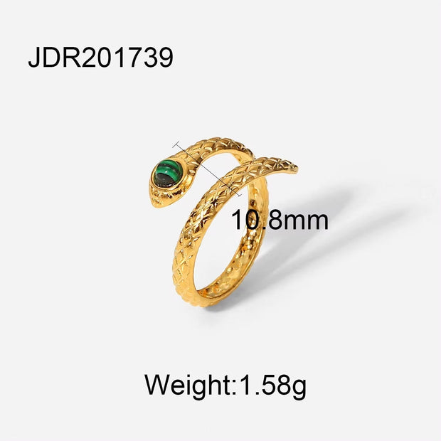 Chic Cubic Zircon Malachite Stacking Snake Ring Waterproof 18K Gold Plated Stainless Steel Opening Rings