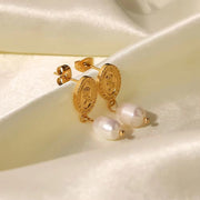 18K Gold Plated Stainless Steel Freshwater Pearl Coin Design Rose Embossed Pendant Earrings Ins Trendy