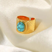 18K Gold Plated Turquoise Swirl Marks Wide Opening Stainless Steel Rings for Women Jewelry