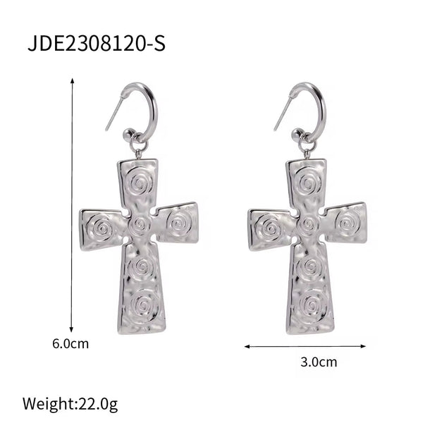 Design Spiral Hammer Cross Pendant Earrings 18K Stainless Steel PVD Gold Plated CC Drop Earring for Women