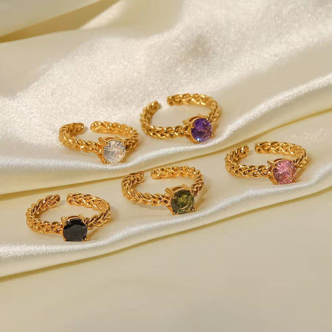 Luxury Wedding Gemstone Ring Woven Chain Stainless Steel CZ Stone Gold Adjustable Rings for Bijoux Acier Inoxidable Femme