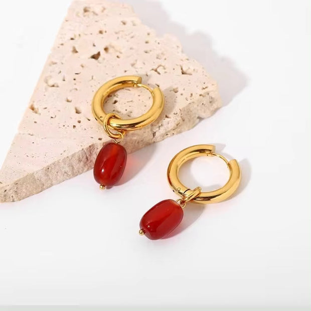 Natural Agate Stone Charm Earrings Jewelry Gold Plated Stainless Steel Crystal Hoop Earrings for Women