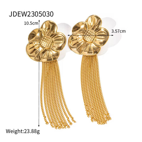 INS 18K Gold Plated Stainless Steel Flower Pendant Jewelry Gift Exaggerated Double Floral Drop Earrings