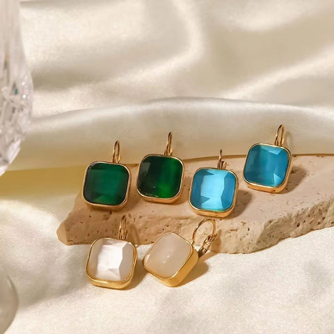 18K Gold Plated Stainless Steel Square Color Opal Cat'S Eye Stone Classic Pendant Earrings for Women