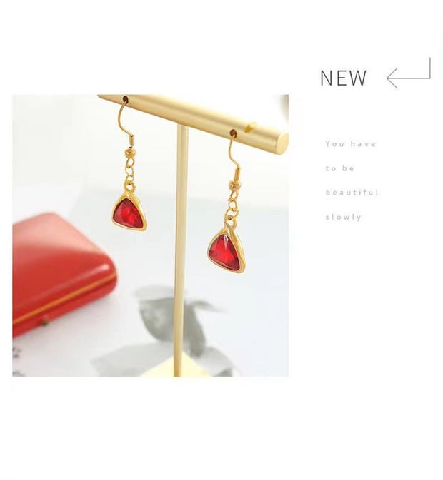 Designer Custom Vintage Fashion 18K Gold Plated Stainless Steel Hook Triangle Crystal Drop Earrings Women