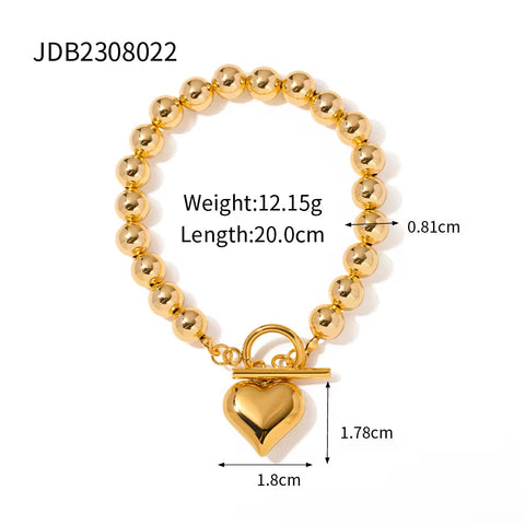 18K Gold Plated Stainless Steel Bead Chain OT Buckle Chunky Heart Pendant Bracelet Necklace for Women