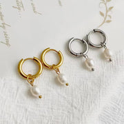 Classic 18K Gold Plated Natural Pearl Drop Earrings Waterproof Stainless Steel Pearl Huggie Earrings