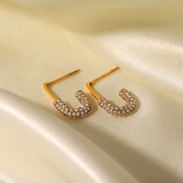 18K Gold Plated Stainless Steel U Shape White Cubic Zirconia Stud Earrings Daily Wearing Ins Popular