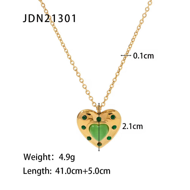 Waterproof Green Heart Necklace Stainless Steel Green Zircon Opal Stone Heart Pendant Necklace