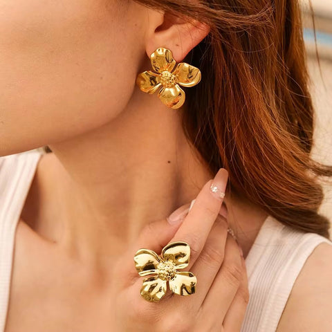 INS Style 18K PVD Plated Chic Stainless Steel Big Flower Earring Party Summer Rings Necklace Jewelry Sets