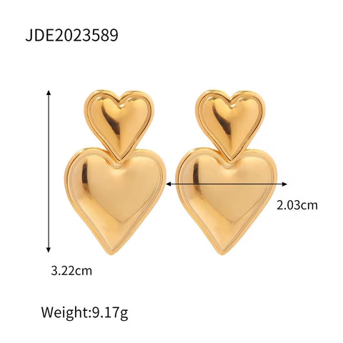 Trendy 18K Gold Plated Colorful Enamel Love Earring Stainless Steel Chunky Smooth Double Heart Drop Earrings