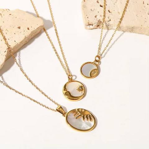 INS Stainless Steel White Shell Sun Necklace 18K Gold Plated Oval Sun Moon Shell Pendant Necklace