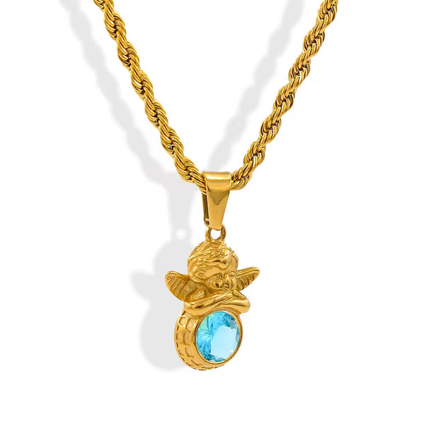 Natural Rainbow 18K PVD Plated Rope Chain Stainless Steel Cubic Zircon Angel Pendant 12 Months Birthstone Necklace