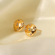 Coin Shape Star Cubic Zirconia Shiny Hammered 18K Gold Plated Stainless Steel Stud Earrings Tarnish Free