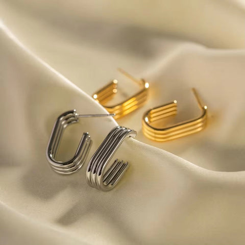 18K Gold Plated and Silver Plated Stainless Steel Opening U Shape Three Layer Tube Pipe Design Stud Earring Trendy