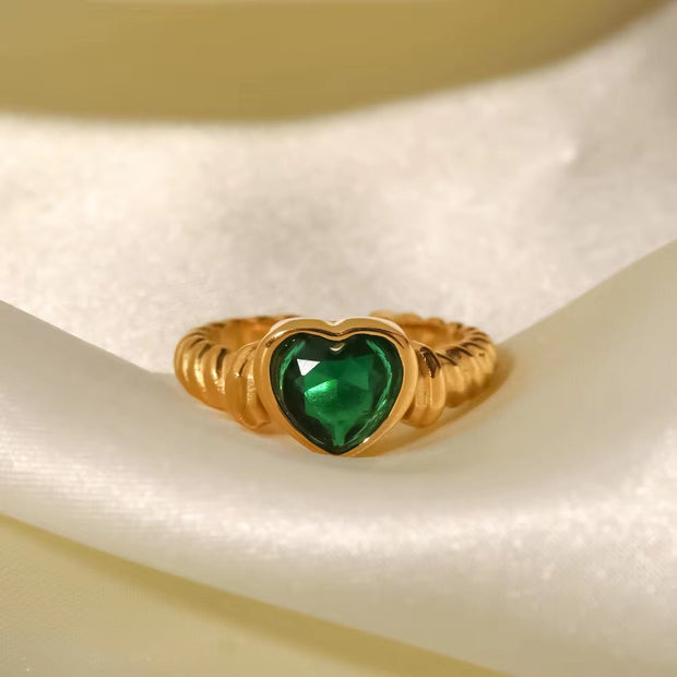 18K Gold Plated Stainless Steel Uneven Surface Heart Shape Green Cubic Zirconia Opening Rings