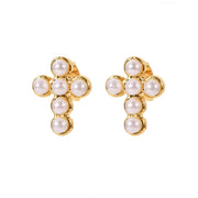 Gorgeous 18K Gold Plated Pearl Insert Cross Shape Stainless Steel Stud Earrings for Ladies Wearing