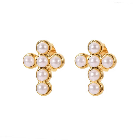 Gorgeous 18K Gold Plated Pearl Insert Cross Shape Stainless Steel Stud Earrings for Ladies Wearing