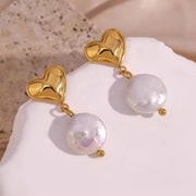 Valentines Earrings Fresh Water Pearl Heart Earring 18K Gold Plated Stainless Steel Couple Jewelry