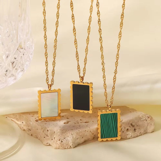 New Arrival Stainless Steel Black Malachite Square Lace Inlaid White Shell Pendant Necklace