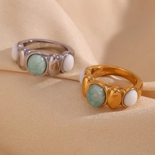 Oval Amazonite Gemstone Jewelry Natural Stone Gold Plated Rings Stainless Steel Rings Jewelry Women