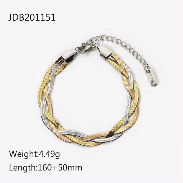 Three Layered Herringbone Chain Bracelet Wrist Jewelry 18K Gold Plated Stainless Steel Flat Snake Chain Bracelets for Women