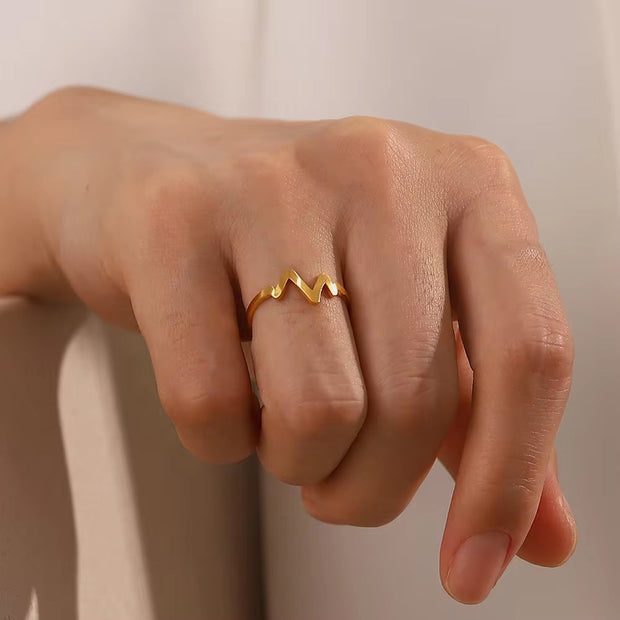 Heartbeat Dainty Style 18K Gold Plated Stainless Steel Adjustable Rings Stacking Fashion Jewelry