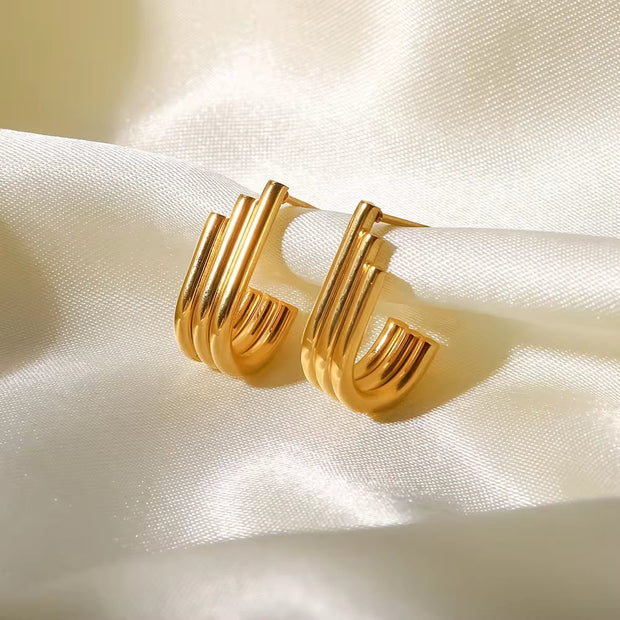 18K Gold Plated Three Layers Pipe Organ U Shape Stainless Steel Stud Earrings for Ladies Gift