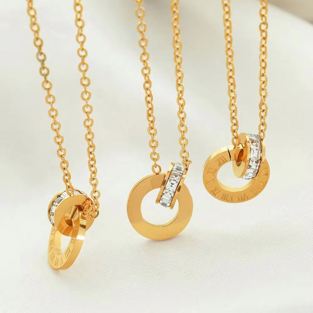 JEWELRY XL91 China Wholesale Double Ring Necklace with Diamonds Stainless Steel Jewelry 18K Gold Plated