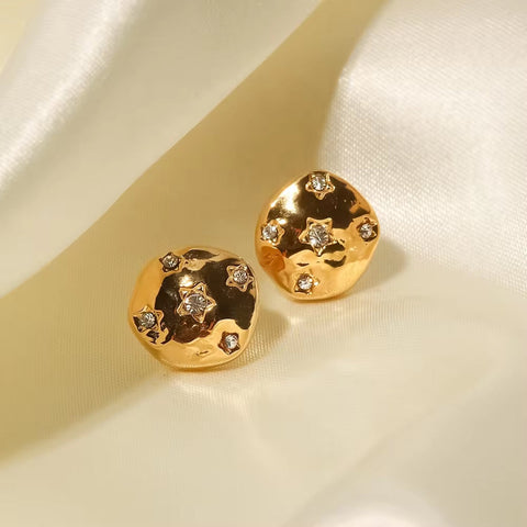 Coin Shape Star Cubic Zirconia Shiny Hammered 18K Gold Plated Stainless Steel Stud Earrings Tarnish Free