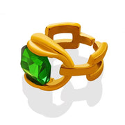 Gold Plated Stainless Steel Link Chain CZ Finger Titanium Steel Green Ring for Women