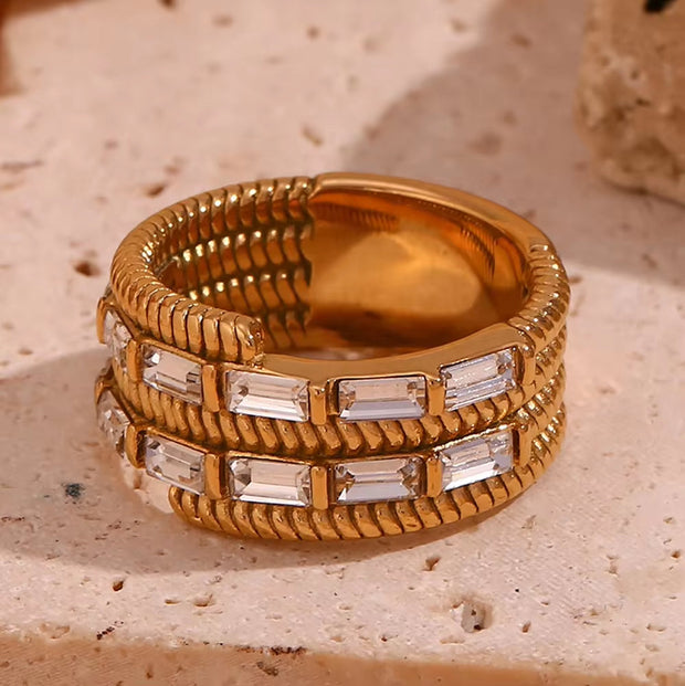 Chunky Zircon Statement Jewelry Multilayer Bamboo Design Gold Plated Stainless Steel Signet Ring