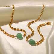 Stainless Steel 18K Gold Plated Jewelry Set Green Natural Stone Oval Golden Bead Bracelet Necklace