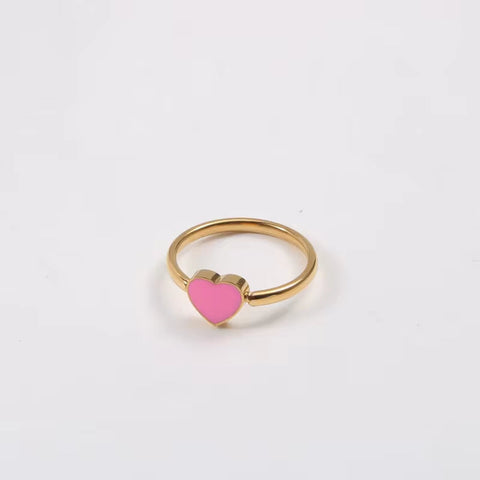 New High Quality Waterproof Rings Jewelry Enamel Pink Heart Ring Jewelry Stainless Steel 18K Gold Plate Heart Ring for Women