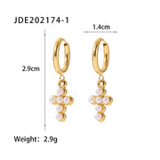 18K Gold Plated Stainless Steel Hoop Pearl Jewelry Cubic Zirconia Cross Pendant Earrings