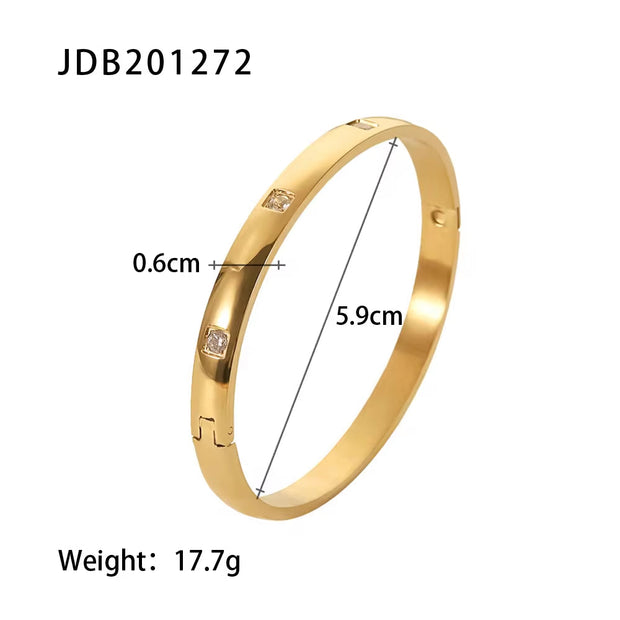 Waterproof Simple Stainless Steel Oval Cubic Zircon Gold Open Cuff Bracelet Bangle for Girls