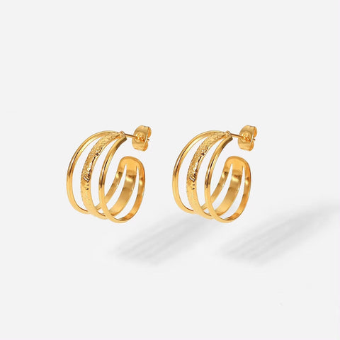 Trendy Statement Circle 18K Gold Plated Geometric Earrings Three Triple C Shape Stainless Steel Hoop Earrings for Women