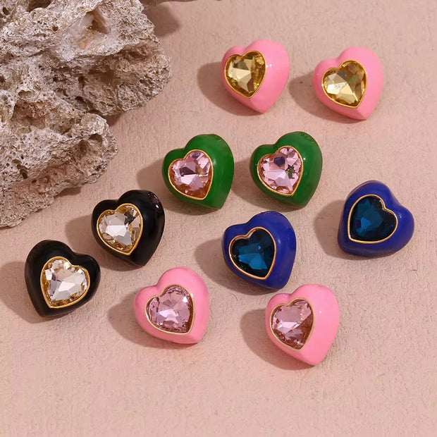 Spring Fashion Colorful Earrings Women Shining Heart Zircon Stud Earrings Gold Plated Stainless Steel Jewelry