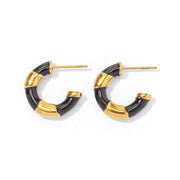 18K Gold Plated Stainless Steel Black Enameled Contrast Color C Shape Hoop Earring for Ladies