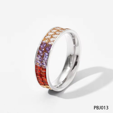 Classic Hot Sell Double Layer Square Crystal Pave Multicolor Stainless Steel Ring Colorful Diamond Rings Jewelry Wome