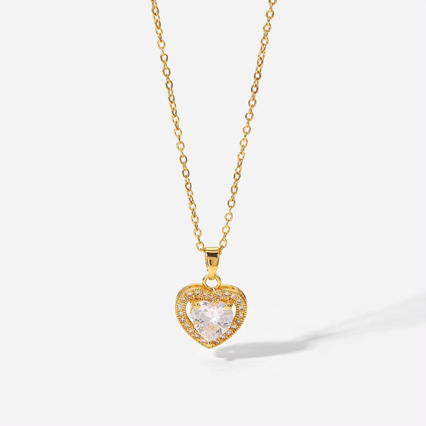 Exquisite Women Wedding Bridal Jewelry Stainless Steel Gold Large Single Shiny Crystal Heart Pendant Necklace for Engagement