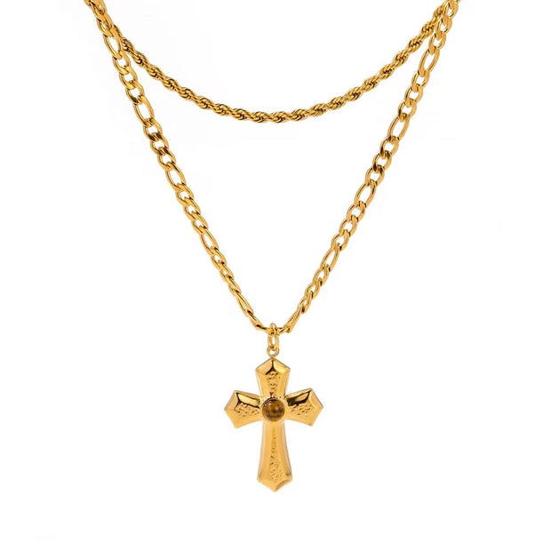 Custom Stainless Steel Link Necklaces Gold Plated Double Layer Cross Pendant Chain Necklace