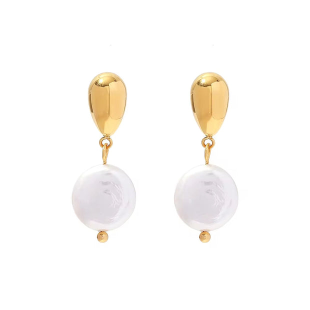 Ins 18K Gold Plated Earring Stainless Steel Natural Freshwater Pearl Pendant Earrings for Women