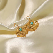 Vintage 18K Gold Plated Turquoise Fan-Shaped Pendant Earrings Gift Jewelry Stone Earrings