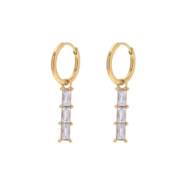 18K Gold Plated Stainless Steel White Cubic Zirconia Bamboo Design Pendant Dainty Hoop Earrings