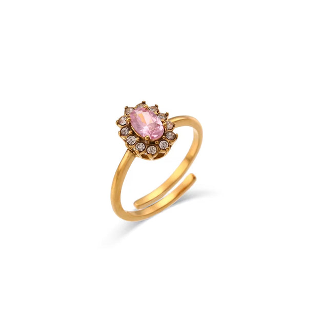 Drop Shipping Oval Zircon Ring Flower Design Adjustable Rings Waterproof Gold Plated Jewelry