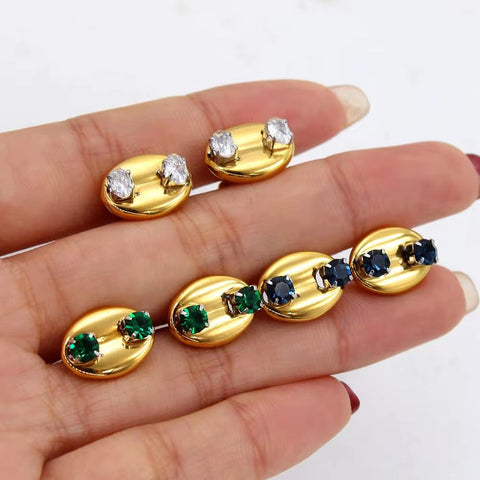 Bling Zircon Inlaid Coffee Bean Ear Studs 18K Gold Plated Stainless Steel Earrings for Women Girls Prevent Allergy