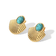 Vintage Stainless Steel 18K Gold Plated Turquoise Inlaid Rib Fan-Shaped Statement Earrings for Women